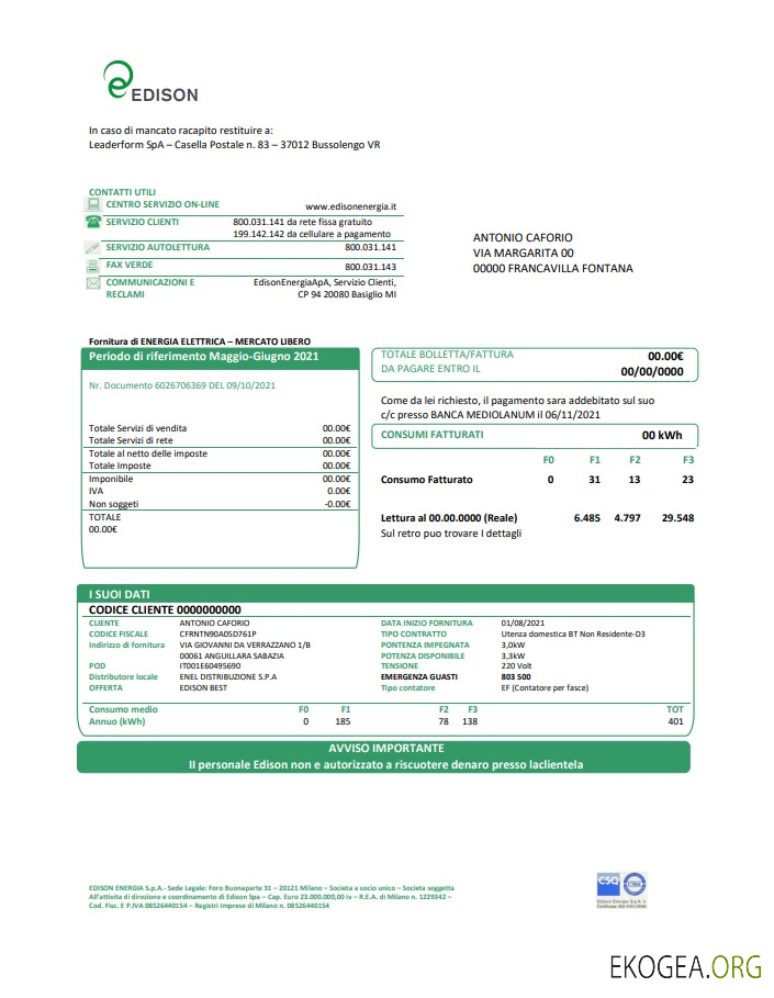 Italy Edison utility bill template in Word and PDF format, good for address prove